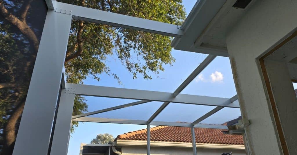 Aluminum framing and screened roof structure used for carport patios